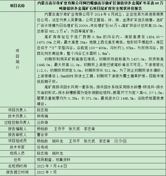 內蒙古高爾奇礦業(yè)有限公司阿巴嘎旗高爾旗礦區(qū)銀鉛鋅多金屬礦年采選60萬噸銀鉛鋅多金屬礦石項目尾礦庫安全現(xiàn)狀評價報告